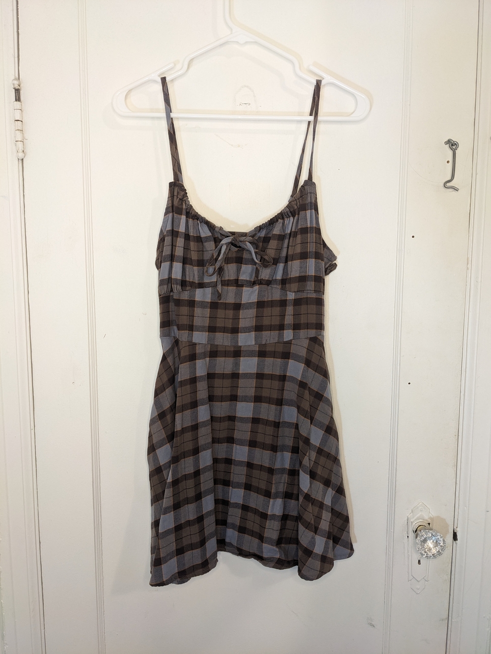 Hot Topic Plaid Spaghetti-Strap Mini Dress in Brown and Gray